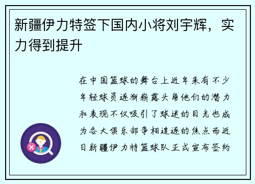 新疆伊力特签下国内小将刘宇辉，实力得到提升
